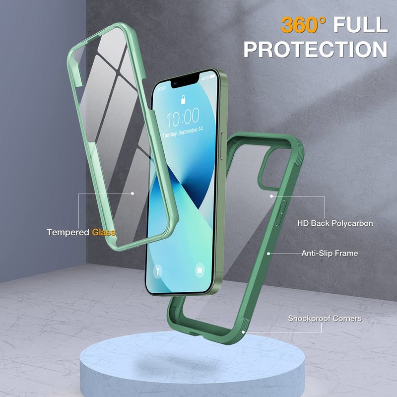 Miracase Compatible with iPhone 13 case 6.1 inch, 2023 New Full-Body Glass Clear Case Bumper Case with Built-in 9H Tempered Glass Screen Protector for iPhone 13, Acacia Green - Image 4